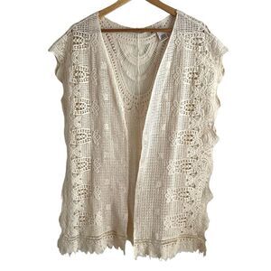 Soft Surroundings Cream Crochet Boho Open Cotton Knit Vest One Size
